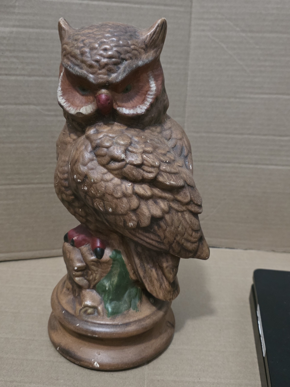 Vintage Brown Owl Sculpture with Green and Red Accents